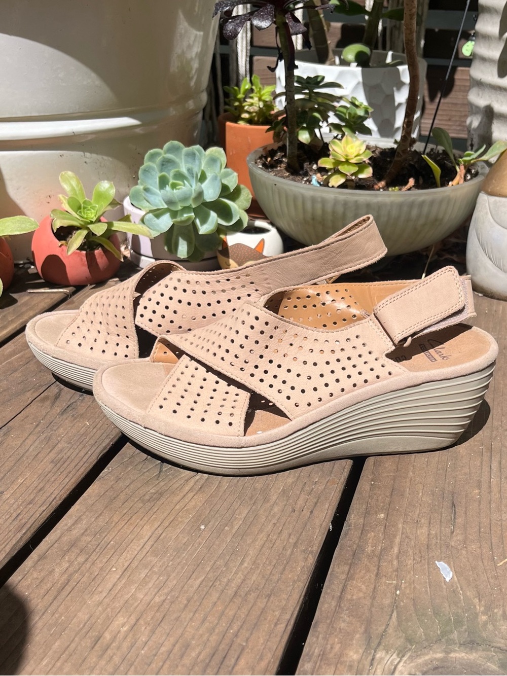 Clarks - Beige Suede Slingback Wedge Sandals - Picture 2 of 6